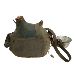 Original French WWI Model 1877 Canteen With Factory Made Cover in Horizon Blue with “Leftover” Material and Shoulder Strap With Tinned Cup - Bidon