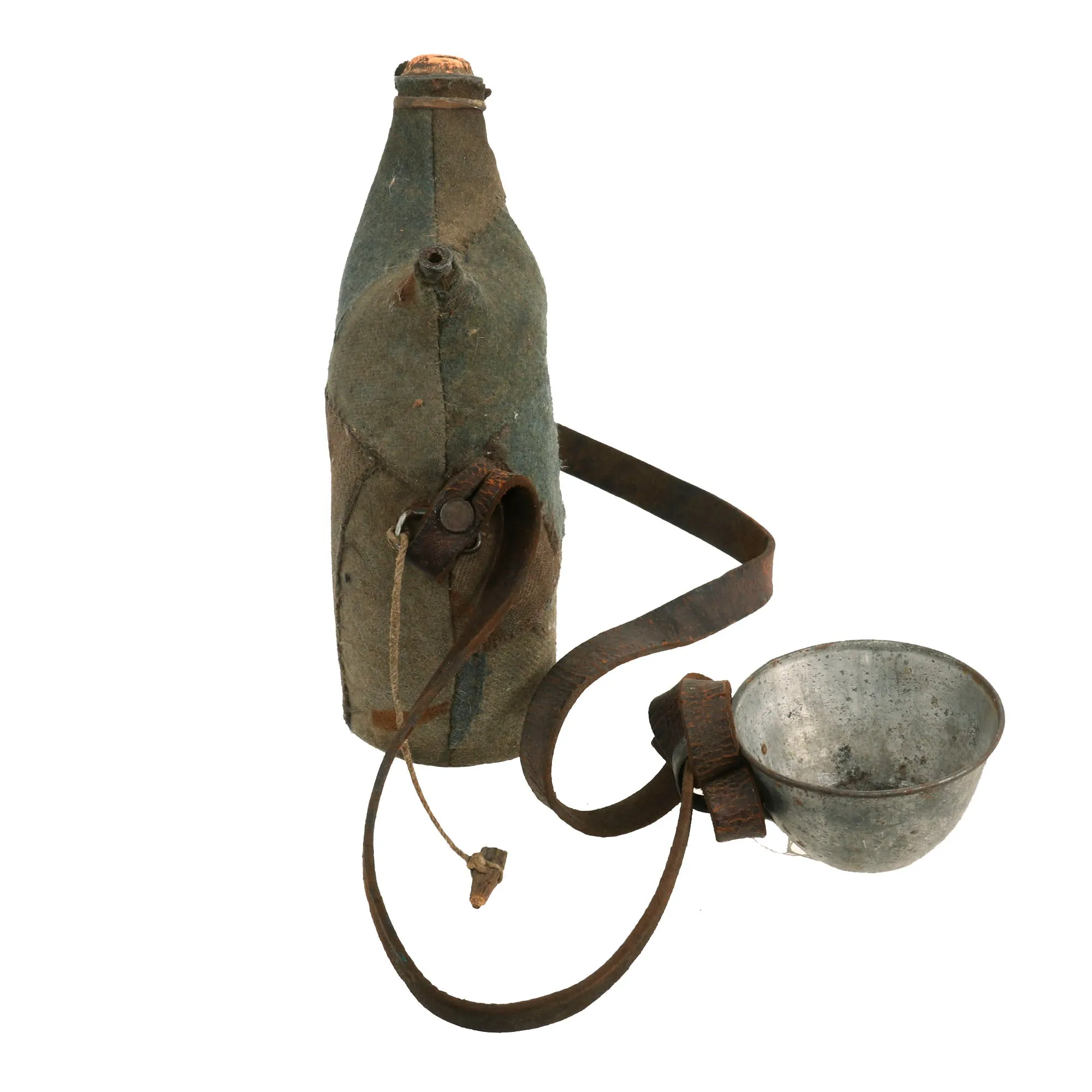 Original French WWI Model 1877 Canteen With Factory Made Cover in Horizon Blue with “Leftover” Material and Shoulder Strap With Tinned Cup - Bidon