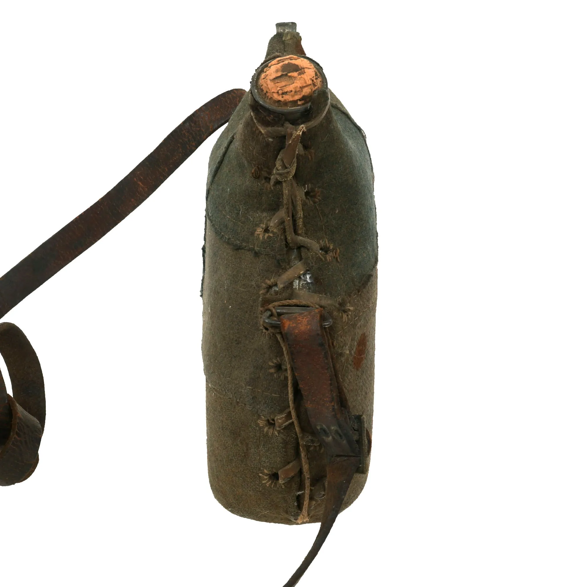 Original French WWI Model 1877 Canteen With Factory Made Cover in Horizon Blue with “Leftover” Material and Shoulder Strap With Tinned Cup - Bidon