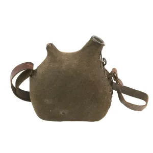 Original French WWI Model 1877 Canteen with Green Cover & Shoulder Strap