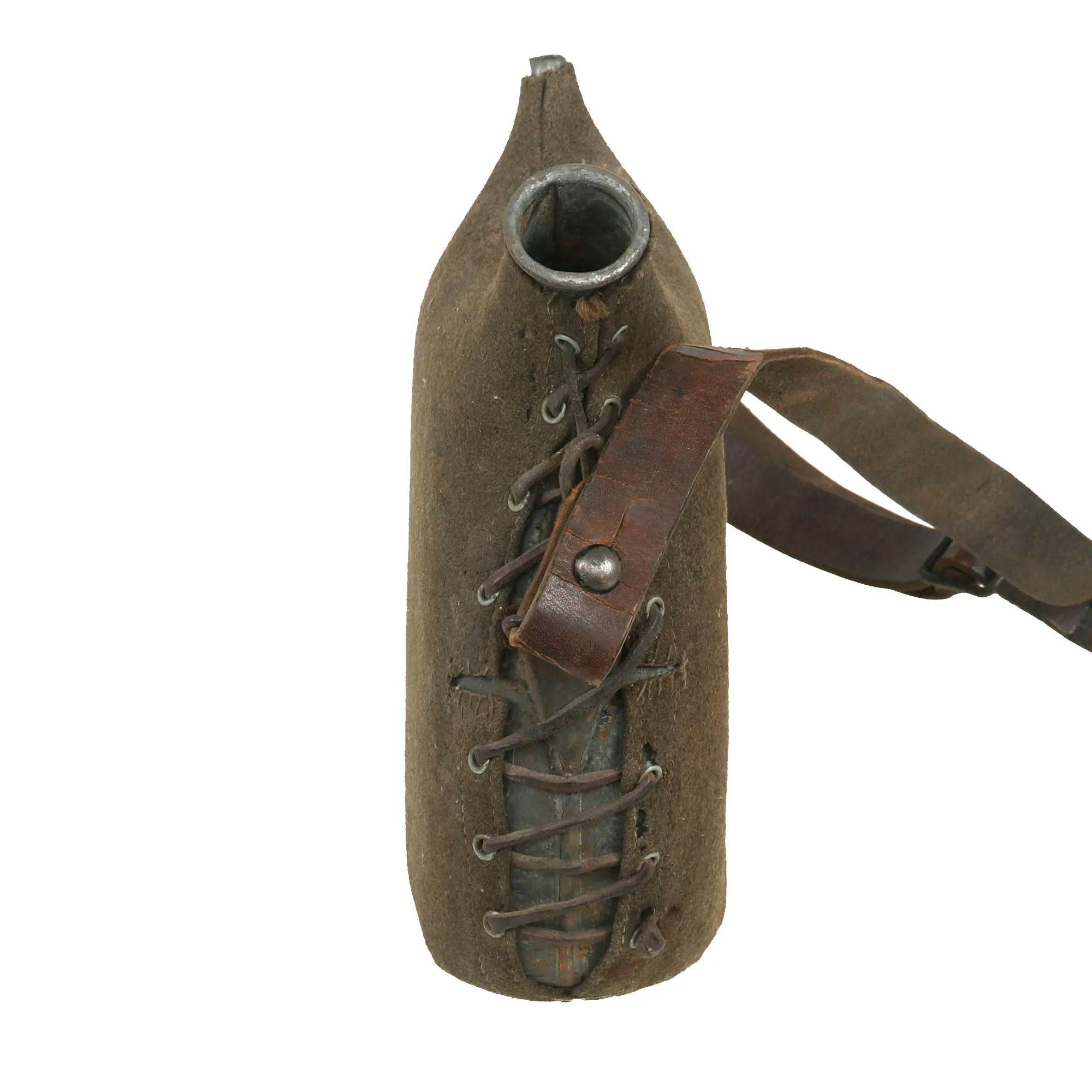 Original French WWI Model 1877 Canteen with Green Cover & Shoulder Strap