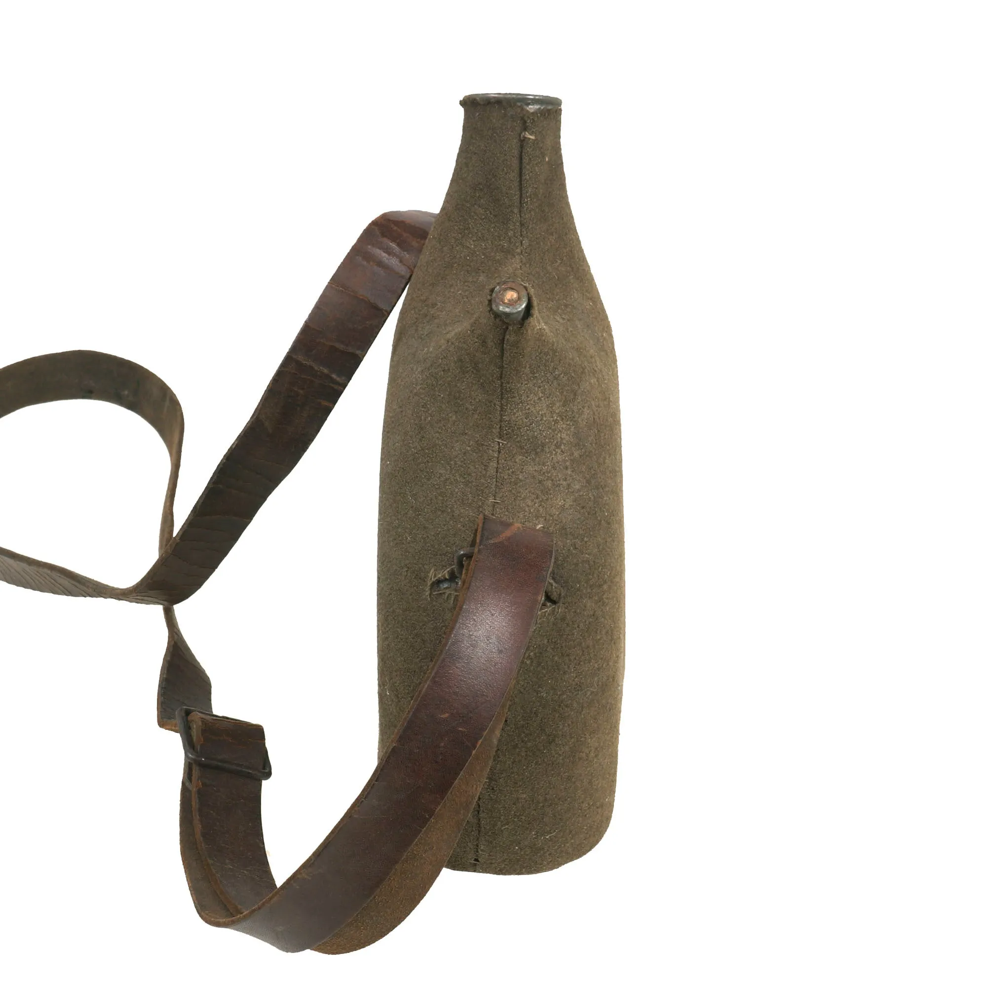 Original French WWI Model 1877 Canteen with Green Cover & Shoulder Strap