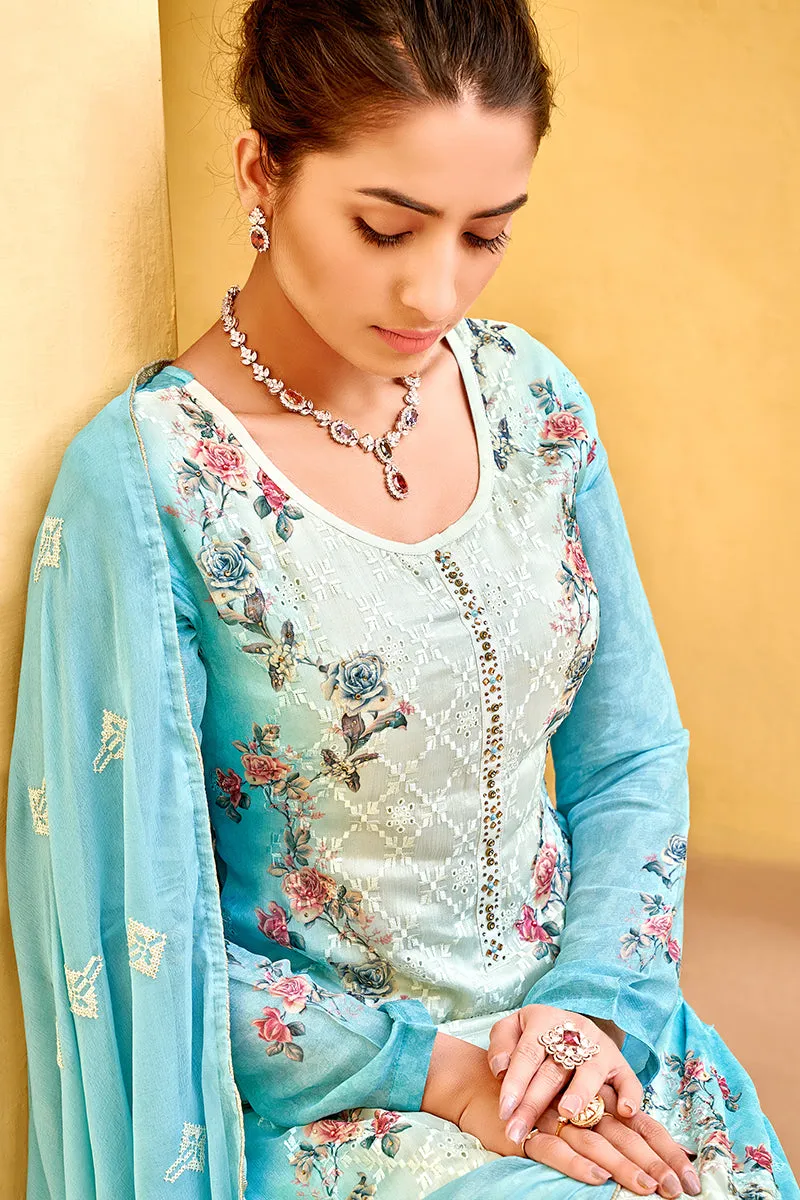 Pant Style Blue & Cream Embroidered Pure Viscose Suit