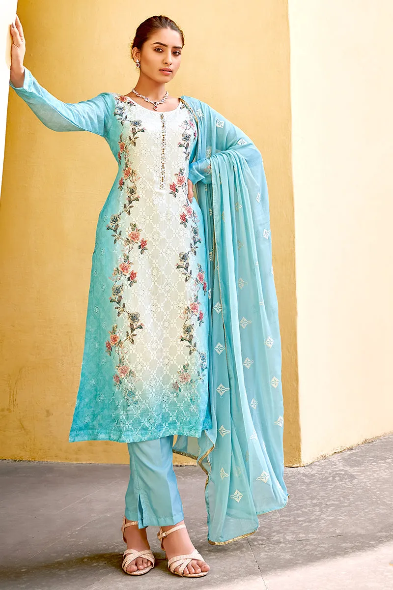 Pant Style Blue & Cream Embroidered Pure Viscose Suit