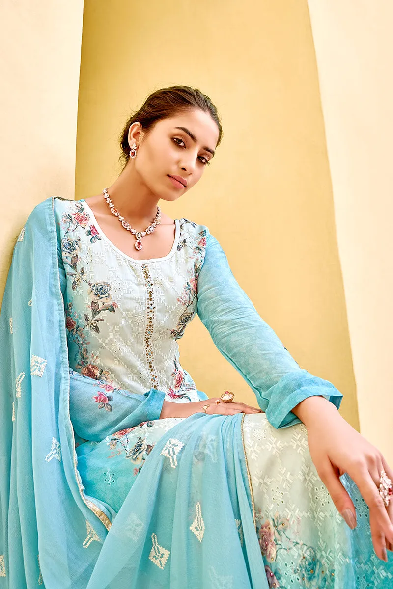 Pant Style Blue & Cream Embroidered Pure Viscose Suit