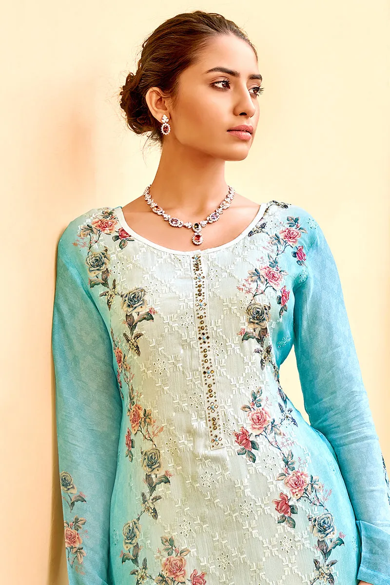 Pant Style Blue & Cream Embroidered Pure Viscose Suit