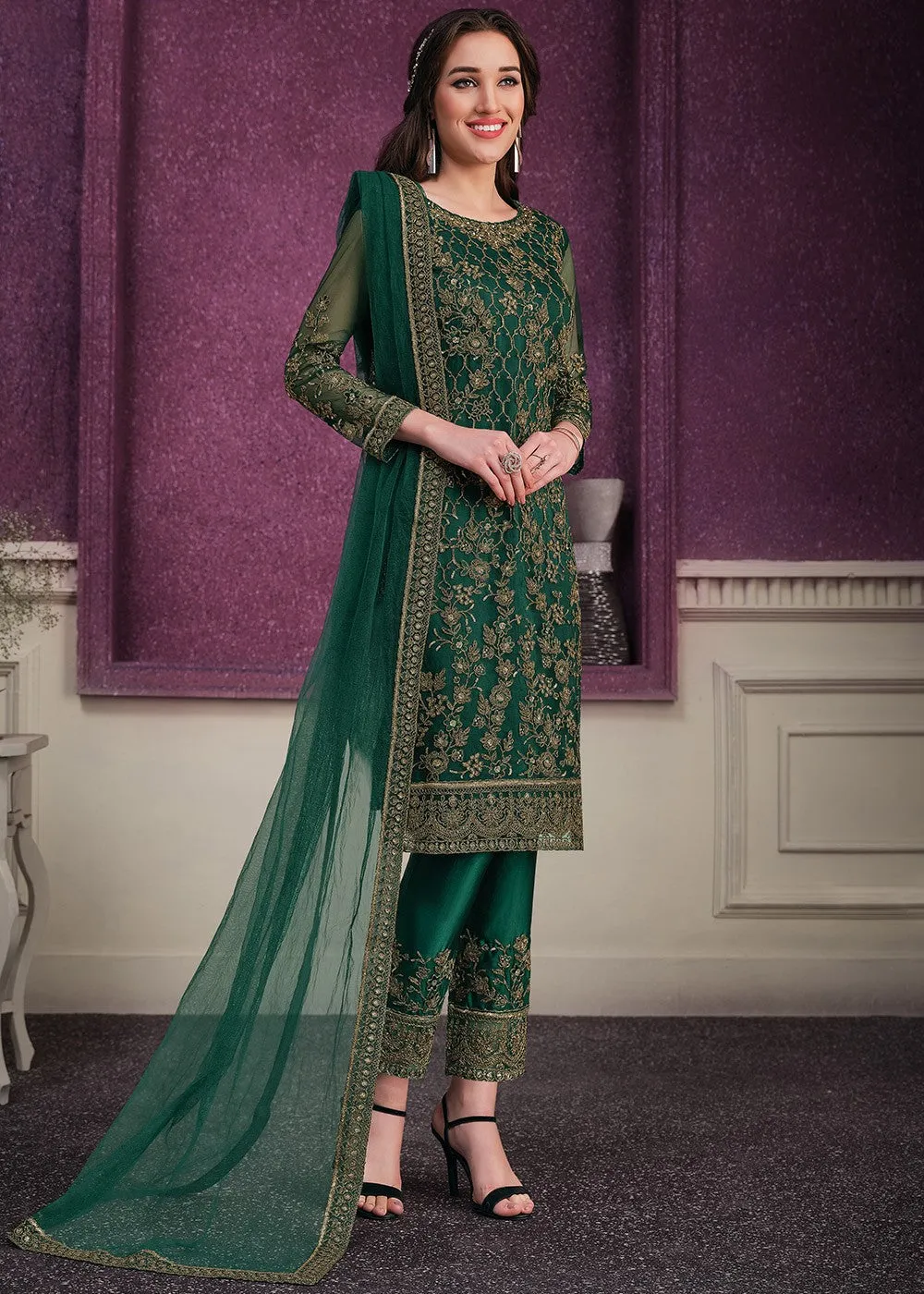 Pant Style Bottle Green Sequins Embroidered Designer Suit