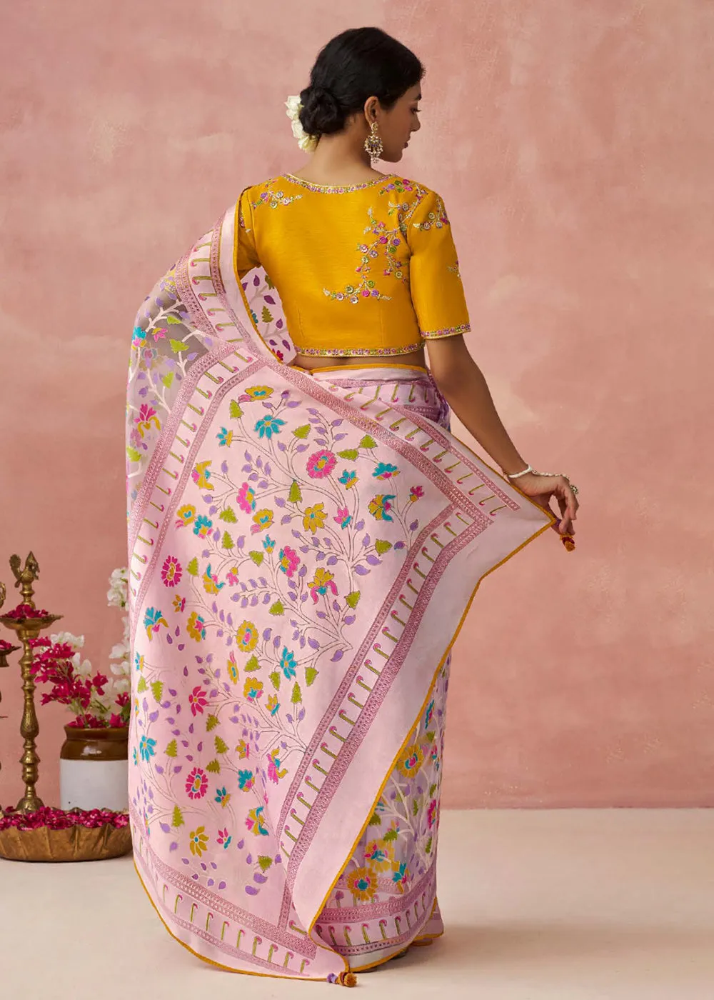 Pink Soft Brasso Organza Printed Festive Classic Saree