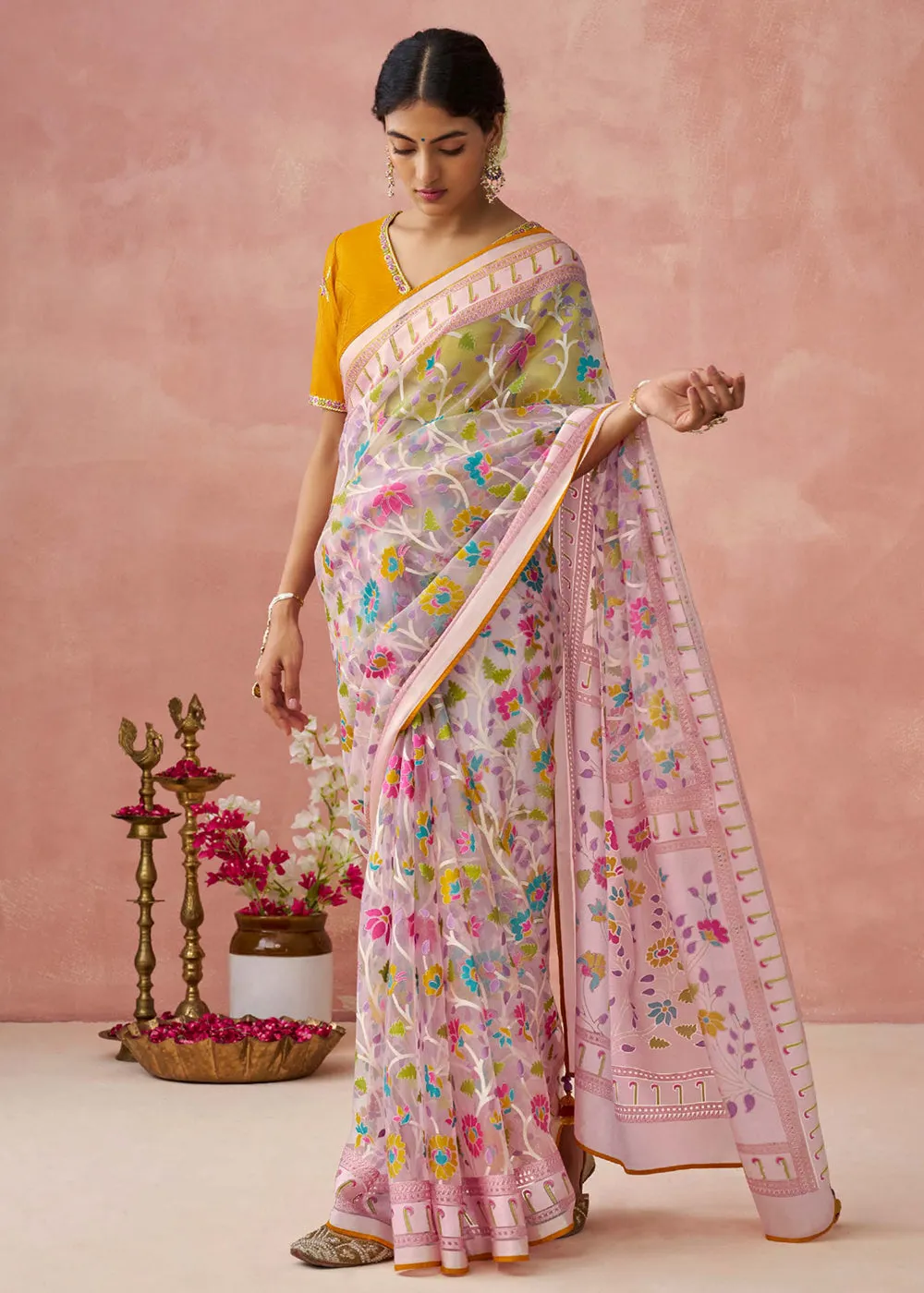 Pink Soft Brasso Organza Printed Festive Classic Saree