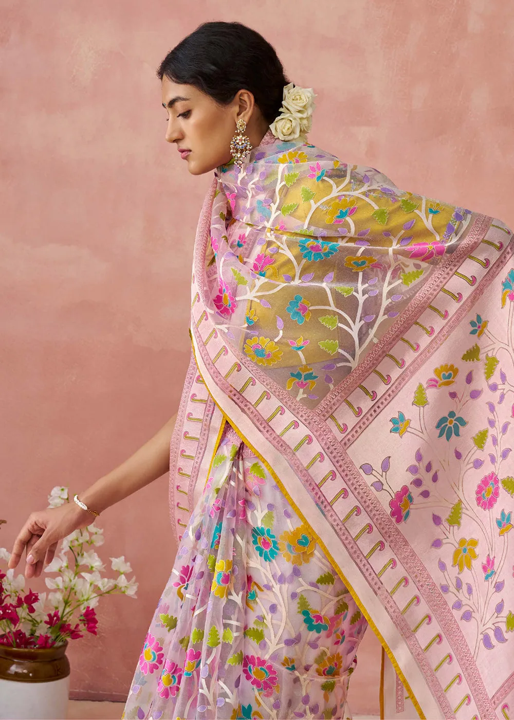 Pink Soft Brasso Organza Printed Festive Classic Saree