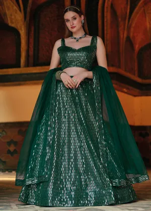 Pure Butterfly Net Green Sequins Work Lehenga Choli