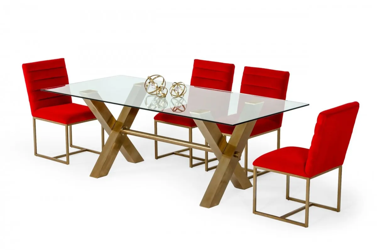 "87"" Clear And Gold Rectangular Glass And Stainless Steel Dining Table"