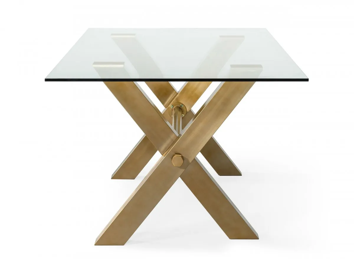 "87"" Clear And Gold Rectangular Glass And Stainless Steel Dining Table"