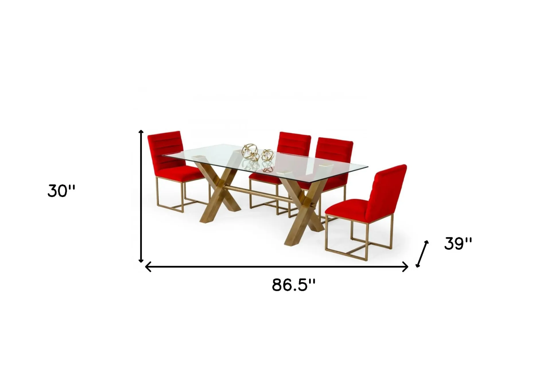 "87"" Clear And Gold Rectangular Glass And Stainless Steel Dining Table"