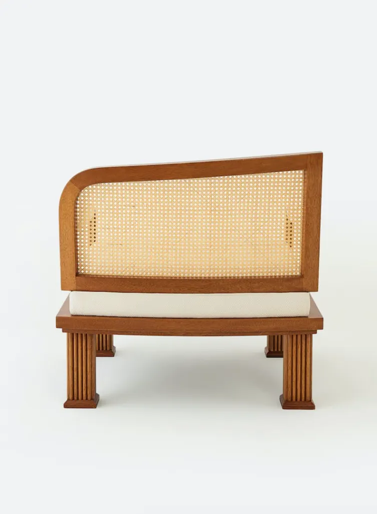 Rattan Detailed Walnut Lounge Armchair