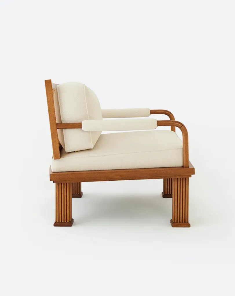 Rattan Detailed Walnut Lounge Armchair