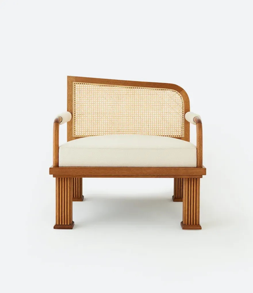 Rattan Detailed Walnut Lounge Armchair