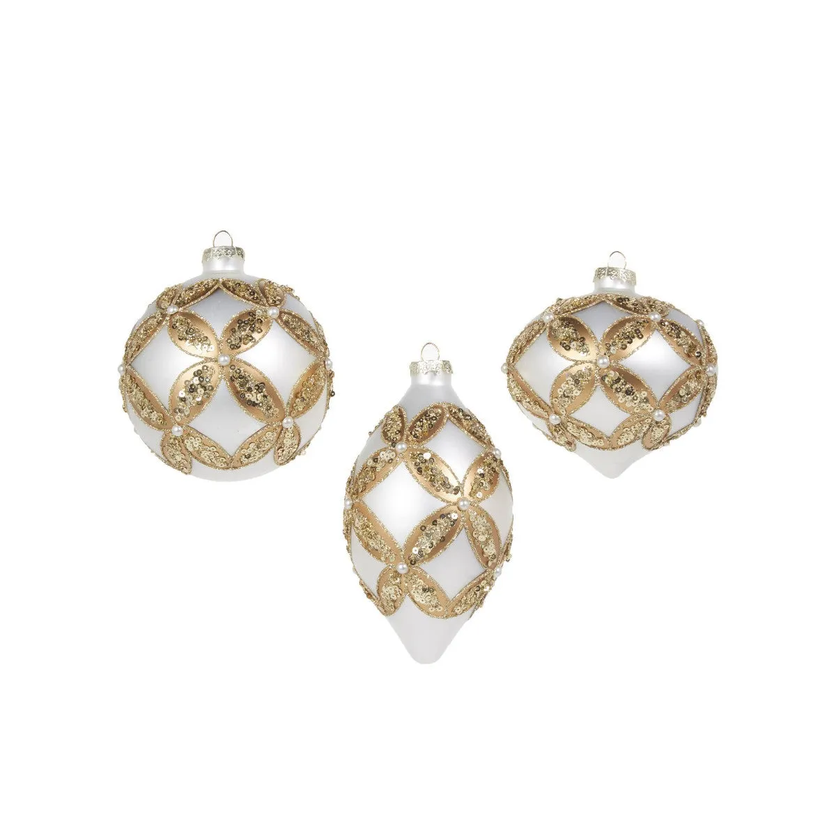 RAZ Trellis Embellished Bauble White & Gold Assorted 10cm (price per item)