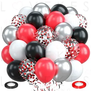 Red Black and White balloons, 60 Pieces Matte Black Red White Chrome Silver Metallic Helium Party Balloons with Confetti Latex Balloon for Boys Birthday Baby Shower Graduation Casino Party Decorations