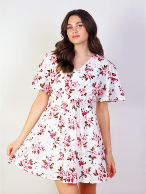 Stretchy Floral Print Dress w/ Cross Collar and Tie