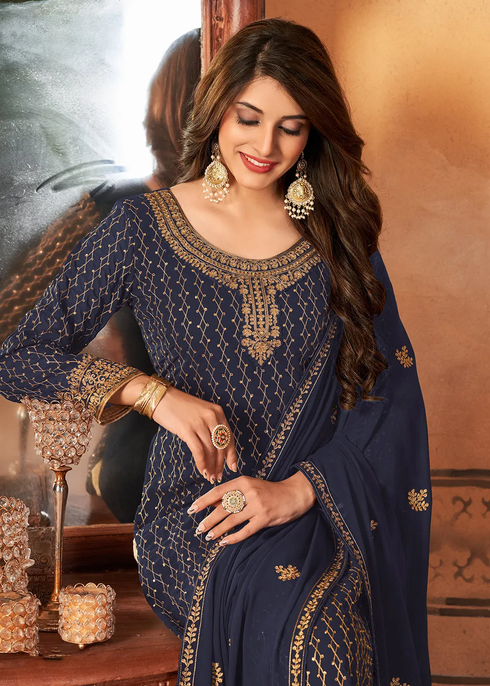 Traditional Tempting Navy Blue Embroidered Festival Salwar Suit